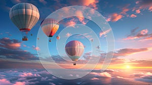 Colorful hot air balloons soar above a serene sea of clouds against a breathtaking sunset sky, evoking a sense of