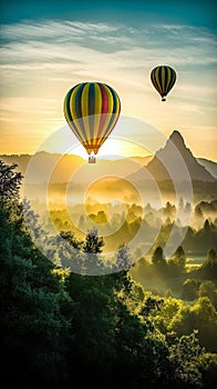 Colorful Hot Air Balloons Soaring Over Lush Green Landscape at Sunrise