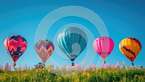 Colorful hot air balloons soaring over vibrant meadow under clear blue sky