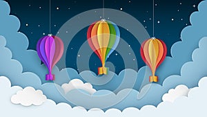 Colorful hot air balloons, stars and clouds on the dark night sky background. Night scene background. Hanging paper crafts.