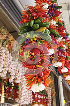 Colorful Hot Chili Peppers and Garlic Bunches
