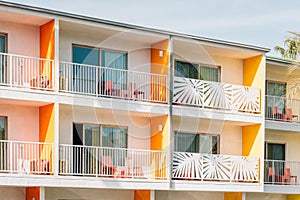 Colorful hotel with balconies in Palm Springs, California