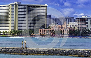 Colorful Hotels Swimmers Surfers Waikiki Beach Honolulu Hawaii