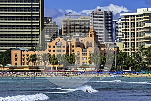 Colorful Hotels Swimmers Surfers Waikiki Beach Honolulu Hawaii