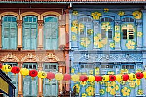 Colorful house facades in Chinatown, Singapore