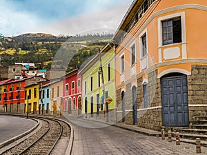 Colorful houses in Alausi railway station, starting-off point for Devil`s Nose train in Ecuador