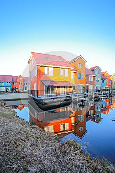 Colorful houses and blue sky background