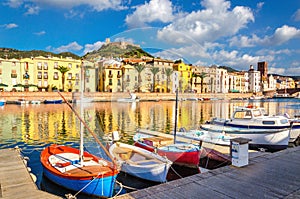 Colorful houses and boats in Bosa, Sardinia, Italy, Europe