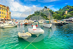 Colorful houses and boats in harbor,Portofino,Liguria,Italy,Europe