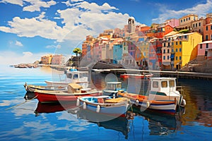Colorful houses and boats in Riomaggiore, Cinque Terre, Italy, Mystic landscape of the harbor with colorful houses and the boats