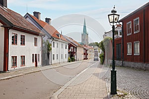 Colorful houses and cathedral. Linkoping. Sweden