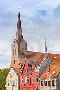 Colorful houses and church tower in the old town of Sonderborg