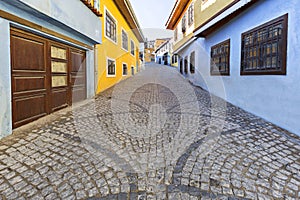 Cobblestone street and historical houses in Buldan, Denizli, Turkey