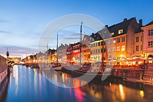 Colorful houses in Copenhagen old town at night