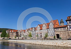 Colorful houses at the Fulda riverside in historic Hannoversch Munden