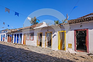 Colorful houses of historical center in the colonial city of Paraty, Rio de Janeiro, Brazil
