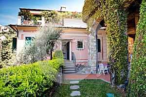 Colorful houses of Liguria region in Italy. Awesome village of Zoagli, Cinque Terre and Portofino. Beautiful