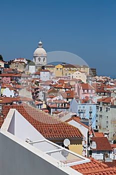 Colorful Houses in Lisbona and Dome of National Pantheon of Santa Engracia - Portugal