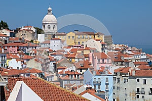 Colorful Houses in Lisbona and Dome of National Pantheon of Santa Engracia - Portugal