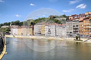 Colorful houses near the Saone river in Lyon, France