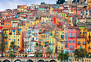 Colorful houses in old part of Menton, French Riviera, France photo