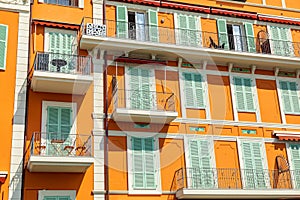 Colorful houses in old town architecture of Menton on French Riviera. Provence-Alpes-Cote d`Azur, France