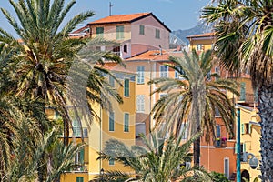 Colorful houses in old town architecture of Menton on French Riviera. Provence-Alpes-Cote d`Azur, France