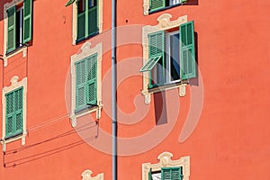 Colorful houses in old town architecture of Menton on French Riviera. Provence-Alpes-Cote d`Azur, France