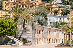 Colorful houses in old town architecture of Menton on French Riviera. Provence-Alpes-Cote d`Azur, France