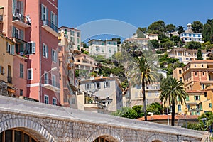 Colorful houses in old town architecture of Menton on French Riviera. Provence-Alpes-Cote d`Azur, France