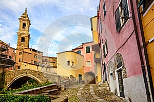 Colorful houses in the old town of Dolcedo, Liguria, Italy