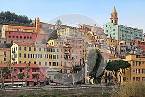Colorful houses in old town of Ventimiglia, Imperia, Liguria, Italy photo