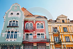 Colorful houses at Piata Unirii Union square in Timisoara, Romania