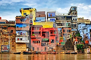 Colorful houses on river Ganges, Varanasi, India