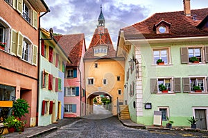 Colorful houses in Saint Ursanne, Jura, Switzerland