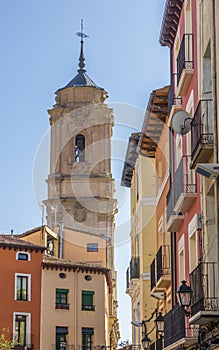 Colorful houses and San Lorenzo church in Huesca