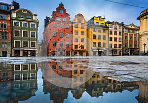 Colorful houses in Stockholm`s Gamla Stan old town district, Sweden