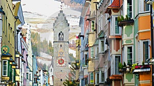 Colorful houses tower Vipiteno Trentino Alto Adige South Tyrol dolomite village