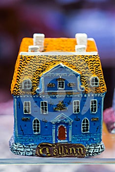 Colorful houses. View of traditional Tallinn Souvenirs miniature toys of the old town in the souvenir shop of the Old town,