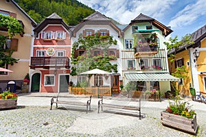 Colorful houses village square in Hallstatt