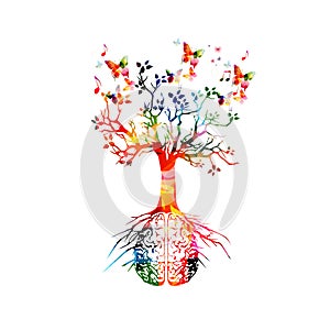 Colorful human brain with growing tree vector illustration background. Creative thinking, ideas and brainstorming, education