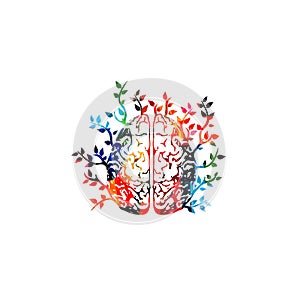 Colorful human brain with leaves vector illustration background. Creative thinking, brainstorming and smart ideas, innovative solu