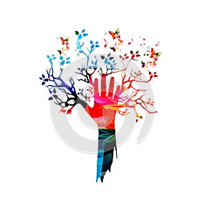 Colorful human hand with tree and butterflies vector illustration