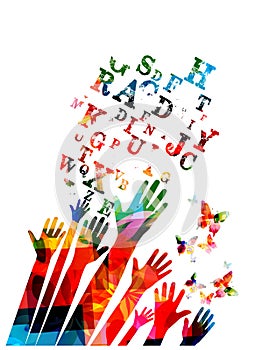 Colorful human hands with alphabet letters vector illustration design. Education and crative writing concept, tutorials, training