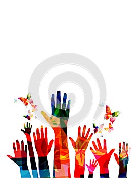 Colorful human hands raised isolated vector illustration. Charity and help, volunteerism, social care and community support concep