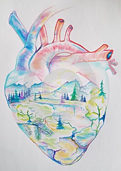 Colorful human heart art landscape