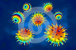 Colorful human pathogenic viruses on blue background. 3d illustration
