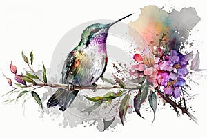 Colorful humming bird on stick tree with flower