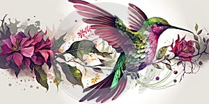 Colorful humming bird on stick tree with flower in watercolor design artistic.