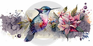 Colorful humming bird on stick tree with flower in watercolor design artistic.